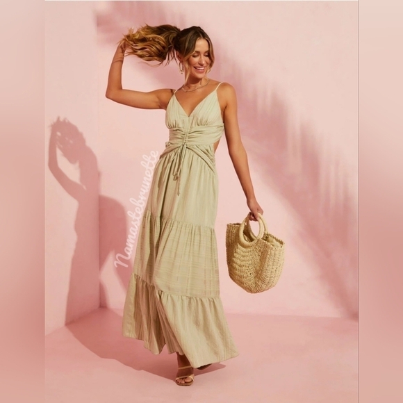 NWT Boho Khaki Side & Back Cutout Tiered Maxi Dress - Picture 5 of 16
